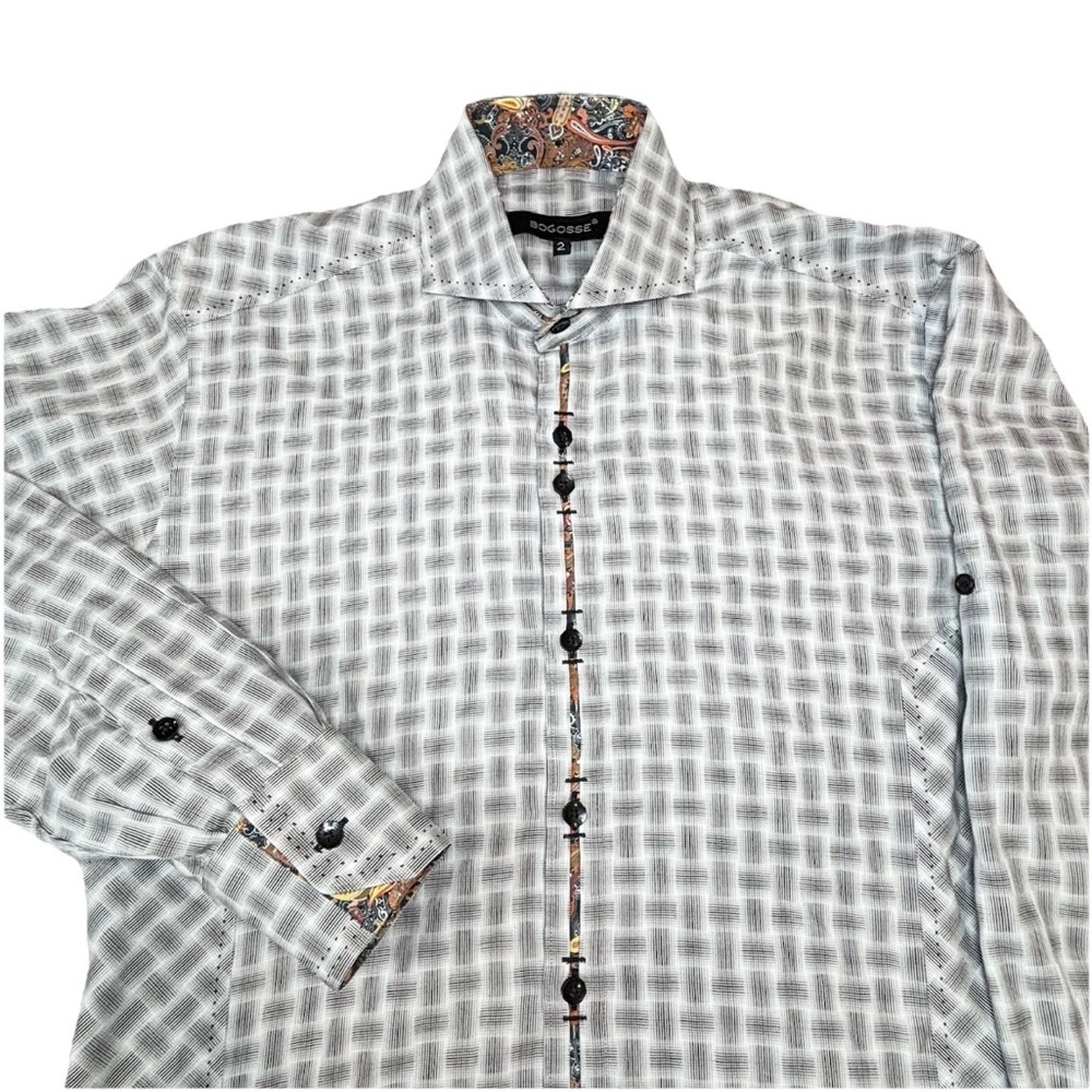 Bogosse‎ Button Up Shirt Men’s Size 2 Small Black White Geometric Print